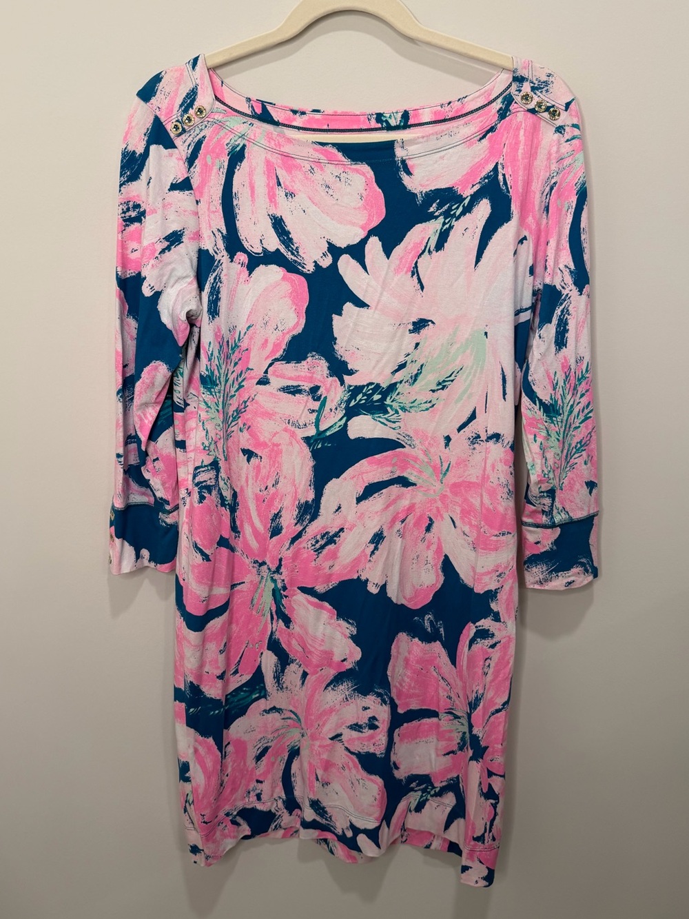 Lilly Pulitzer Pink Blue Floral 3/4 Sleeve Shift Dress Size Large